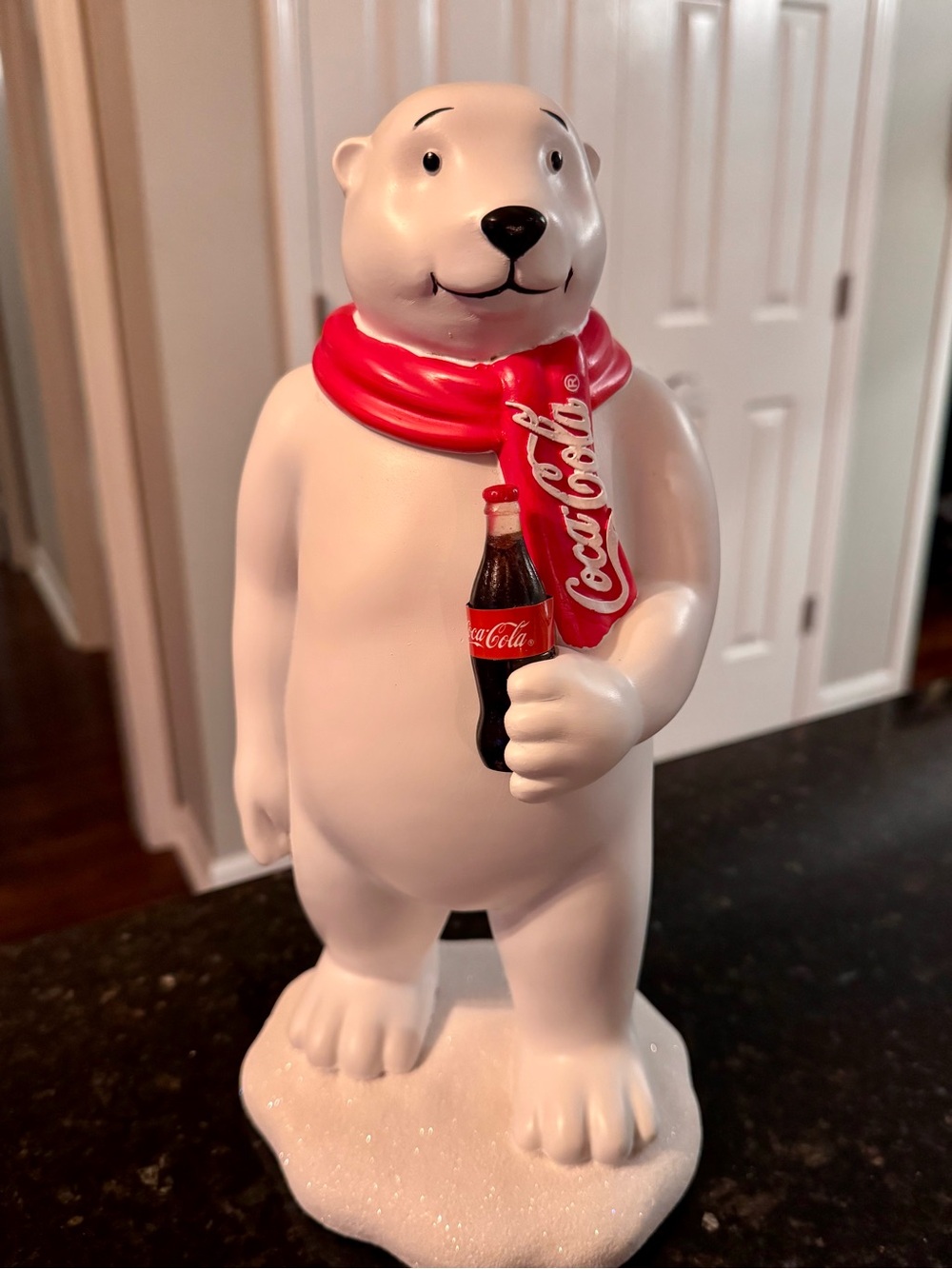 Coca Cola White Polar Bear Statue with Red Scarf and Coke Bottle Accent